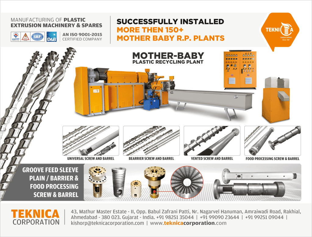 Teknica Corporation manufacturer of mother baby plastic recycling plant, extrusion screw, vented screw, barrel, universal screw Ahmedabad Gujarat