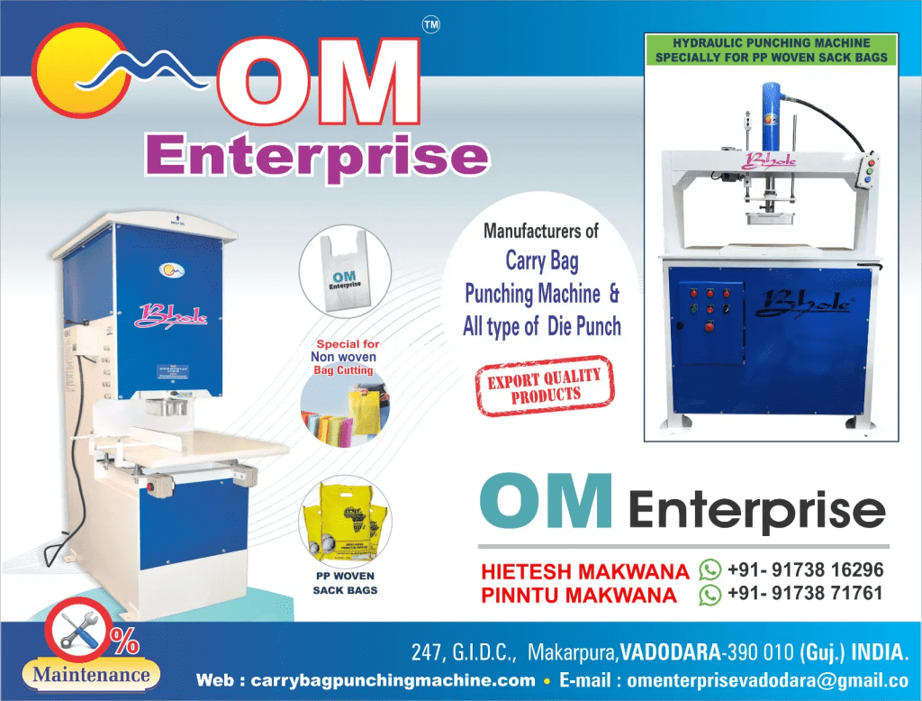 Om Enterprise hydraulic carry bag punching machine non-woven die punch manufacturer Vadodara Gujarat